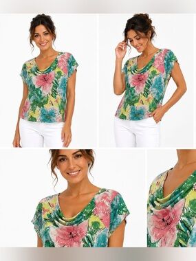 Dress Barn Multicolor Floral Cowl Neck Short Sleeve Top